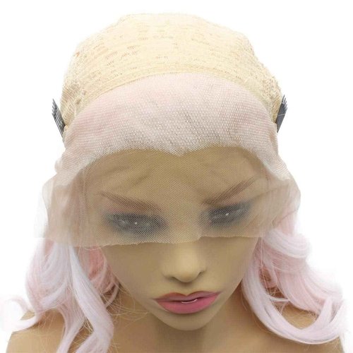 iwonawig Long Wavy Lace Wigs White Pink Half Hand Tied Synthetic Lace Front Halloween Heat Resistant Wig