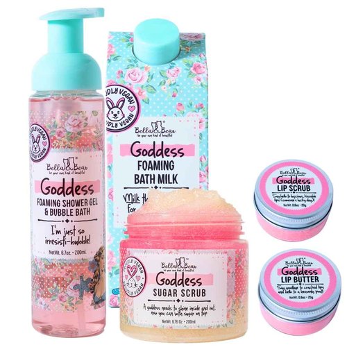 Bella & Bear Goddess Mega Bath & Body Gift Set with Foaming Shower Gel & Bubble Bath, Bath Milk, Body Scrub & Lip Scrub and Lip Butter - Gift for Women
