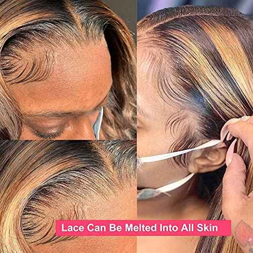 Flady Highlight Ombre Lace Front Wig Human Hair Pre Plucked 4/30 Colored Honey Blonde HD Lace Frontal Wigs For Women180 Density Straight Glueless Wigs Human Hair