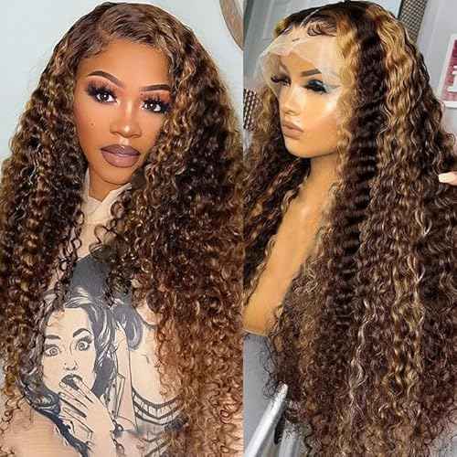 Highlight Ombre Wear and Go Glueless Hd Transparent Deep Curly Honey Blonde Lace Front Wigs Human Hair Pre Plucked with Baby Hair 200% Density 4/27 Water Wave Wig Human Hair