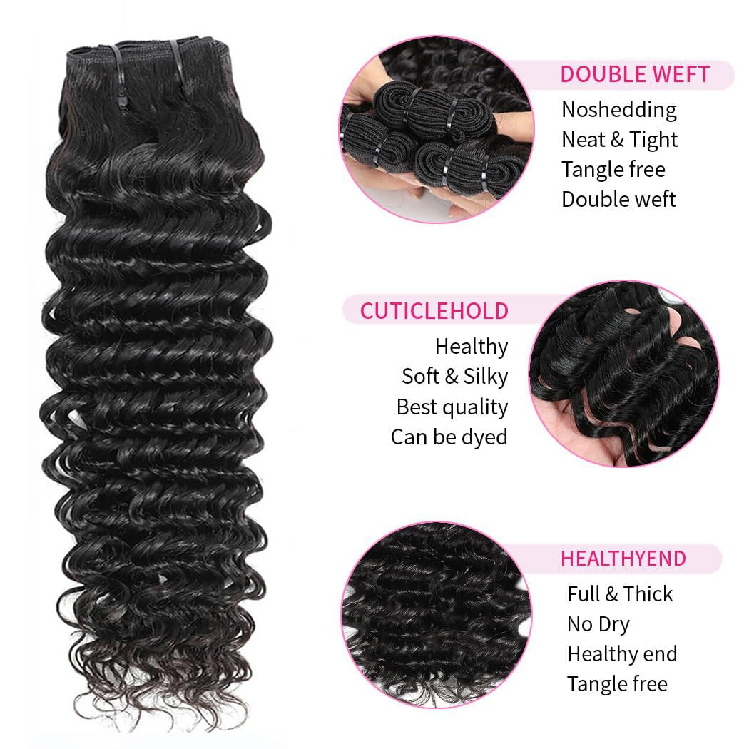 Deep Wave Bundles Human Hair Bundles 12 Inch Hair Bundles 12A Unprocessed Brazilian Virgin Human Hair Bundles Double Weft Deep Curly Weave Bundles Natural Black