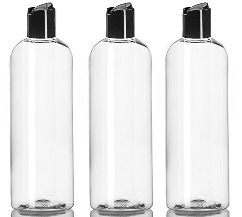 ljdeals 16 oz Clear Plastic Empty Bottles with Black Disc Top Caps, Squeezable Refillable Containers for Shampoo, Lotions, Cream and more Pack of 3, BPA Free, Made in USA