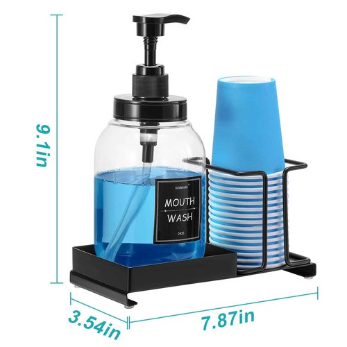 Summark Mouthwash Dispenser for Bathroom,Mouth Wash Pump Bottle with Stainless Steel Cup Holder,24 OZ Refillable Clear Mouthwash Container(2Pack)