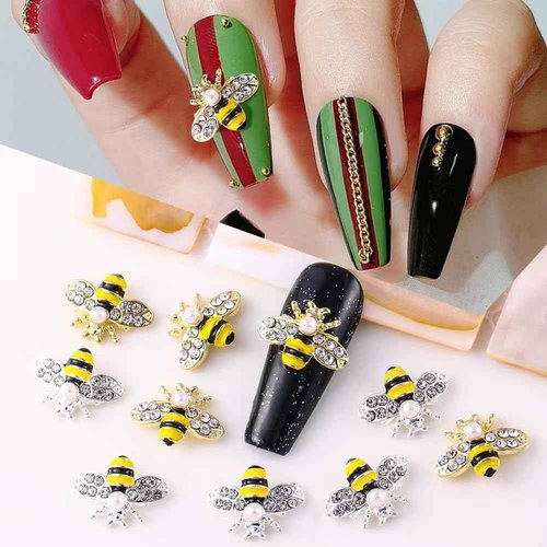 COOSLIM 10Pcs Gold Bee Nail Art Charms, 3D Gold Alloy Bees Jewelry Charm for Nails, DIY Design Cute Kawaii Nail Crystal Rhinestone Decoration Nail Art Supplies Accessories for Women and Girls 1