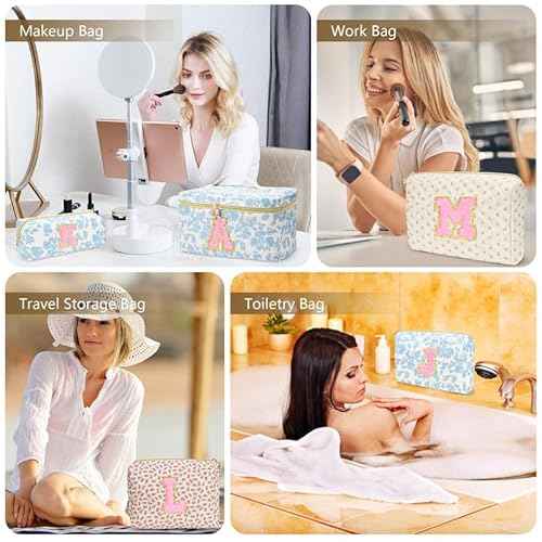 3 PCS Travel Makeup Bag Set,A-Z Initials Cotton Make up Bag Floral Quilted Cosmetic Bag for Girls and Women,Personalized Christmas Gifts,Cute Toiletry Travel Accessories Brushes Bags-L