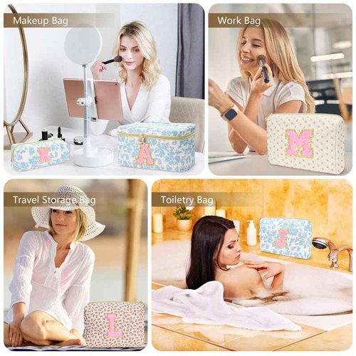 DOSUKE 3 PCS Travel Makeup Bag Set,A-Z Initials Cotton Make up Bag Floral Quilted Cosmetic Bag for Girls and Women,Personalized Christmas Gifts,Cute Toiletry Travel Accessories Brushes Bags-K