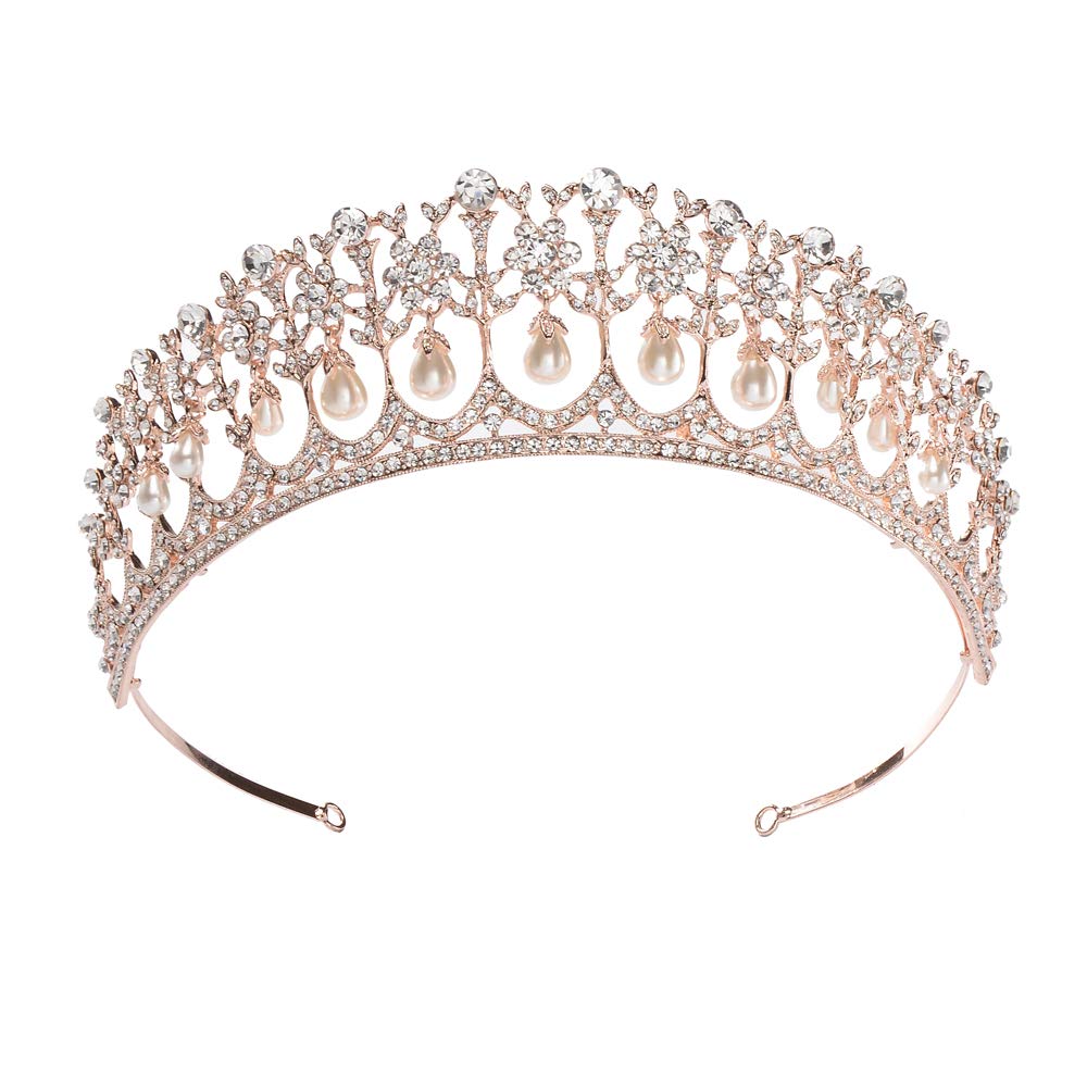 S SNUOY Rose Gold Crowns Bridal Tiara for Wedding Women Pearl Crown for Women Princess Prom Wedding Headband for Women