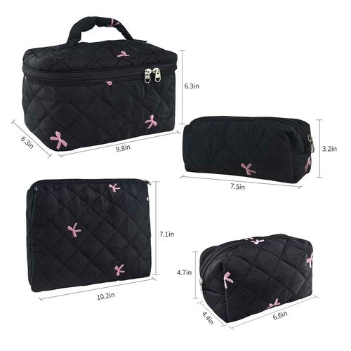 GISMTR 4Pcs Quilted Makeup Bag Set Cute Floral Cosmetic Bag Cotton Coquette Make up Bag Aesthetic Travel Toiletry Bag for Women Girls