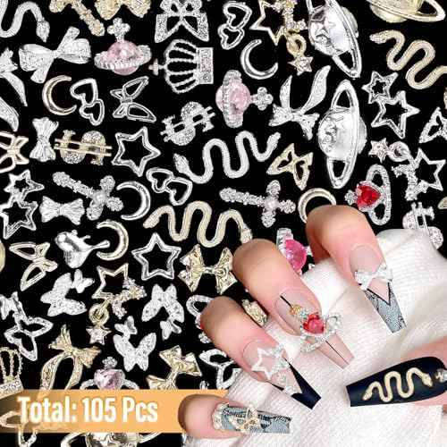 105 Pcs Silver+Gold Nail Gems Charms, Planet Crown Dollar Nail Gems Snake Star Bow Nail Charms 3D Cross Nail Art Jewelry Charms + Gold Dollar Charms for Nail Art DIY Jewel Accessories