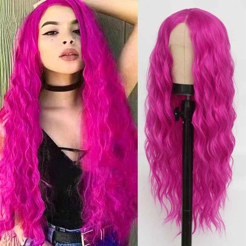 Siudus Hot Pink Long Lace Front Wigs for Women Curly Wavy Cosplay Wig Middle Part Synthetic Fibre Halloween Costume Party Wig