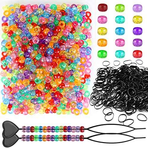 1605pcs Hair Braid Kit Including 600pcs 9x6mm Glitter Pony Beads, 1000pcs Elastic Rubber Bands, and 5pcs Quick Beaders