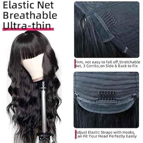 ROSELINE Body Wave Wigs with Bangs Human Hair Wigs for Black Women None Lace Front Wigs 150% Density Brazilian Virgin Hair Glueless Wig Natural Color 26inch