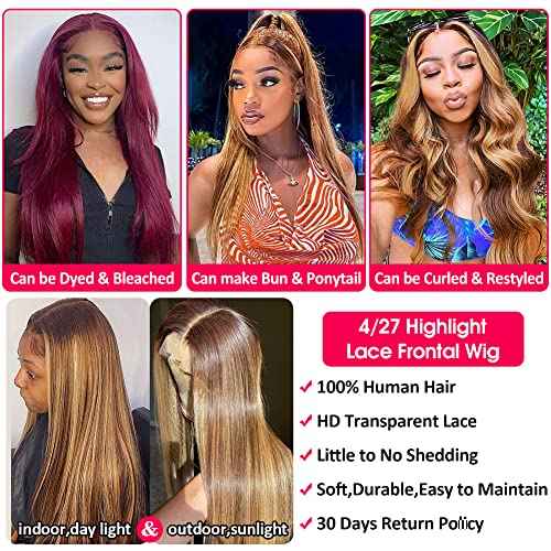 Flady Highlight Ombre Lace Front Wig Human Hair Pre Plucked 4/27 Colored Honey Blonde HD Lace Frontal Wigs For Black Women Human Hair 150 Density Straight Wigs Human Hair
