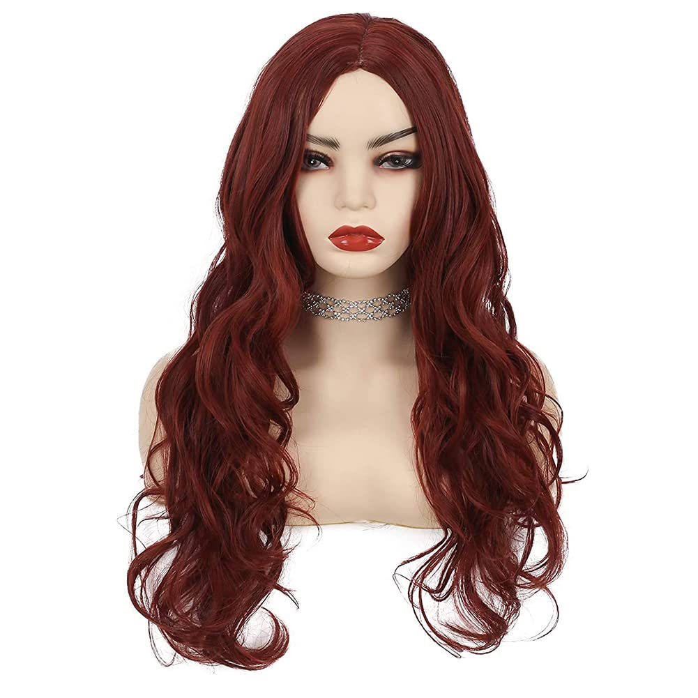 Kaneles Burgundy Curly Long Wigs for Women Wave Wig Wine Red Synthetic Wigs Middle Part Wigs Heat Resistant Fiber Halloween Cosplay Party Full Wigs(Wine Red)