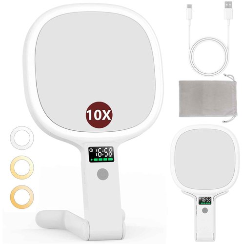 Alovely Travel Makeup Mirror with Light, Double Sided 10X Magnifying Mirror with Light, Rechargeable Portable Lighted Beauty Mirror, 3 Color Lighting Dimmable Touch Screen,Tabletop Handhold Hanging