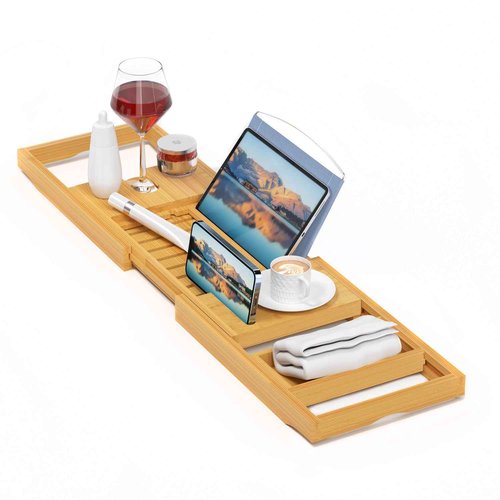 Sen Yi Bao Luxury Bamboo Bathtub Tray - Wooden Expandable Caddy with Book, Tablet, Wine Holder - Gift Idea