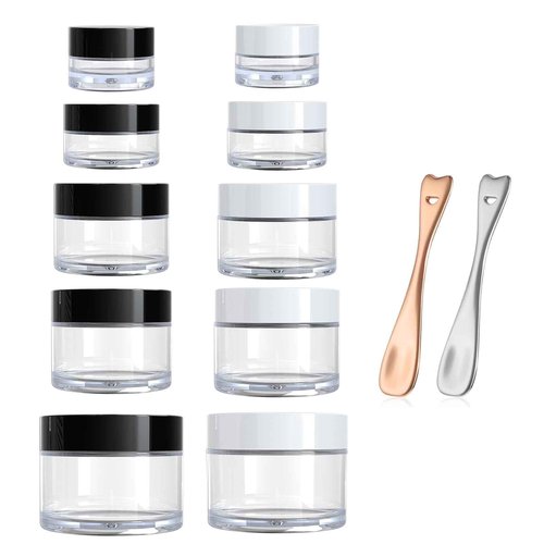 ZOADLE 10 Pieces Travel Size Containers for Toiletries - 5 Sizes 0.17/0.33/0.5/0.67/1 OZ Small Makeup Jars with Lids - Travel Skincare Set with 2 PCS Mini Spatulas for Gift (2 Colors)