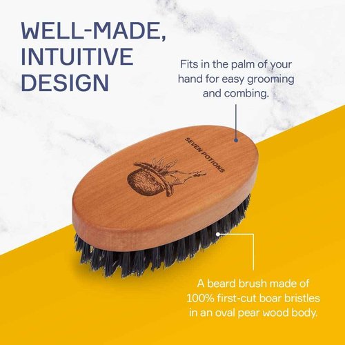 Seven Potions Beard Brush For Men With 100% First Cut Boar Bristles. Made in Pear Wood With Firm Bristles To Tame and Soften Your Facial Hair