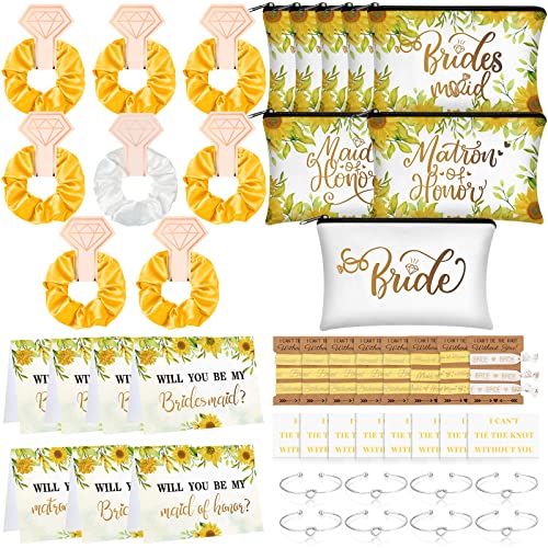 63 Pcs Bridesmaid Proposal Gifts Bulk Maid of Honor Gifts Matron of Honor Gifts Brides Bridesmaid Cosmetic Makeup Bag Hair Knotted Bracelets Invitation Cards for Wedding Bachelorette (Beautiful)