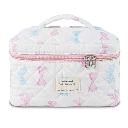 GISMTR Makeup Bag, Quilted Bow Cosmetic Bag, Large Travel Aesthetic Make up Bag, Cute Coquette Toiletry Pouch for Women Girls