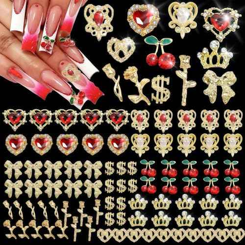 85 Pcs 3D Gold Nail Charms Y2K Bulk Nail Art Decor Set Nail Charms and Gems Including Heart Rhinestones for Nails, Cherries, Dollars, Roses, Crowns, and More for Nail Art Decoration Jewelry