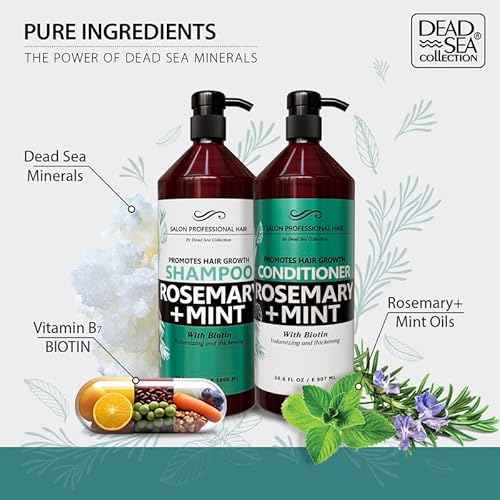 Dead Sea Collection Shampoo and Conditioner Set for Strengthening and Volume - Pure Dead Sea Minerals, Rosemary and Mint ? Hair Care - Nutrition, Repair and Shine - Pack of 2 (33.8 & 30.6 Fl. Oz)