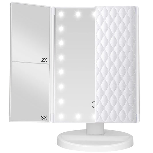 TiKenSo Trifold Vanity Mirror with Lights，Tabletop Mount Makeup Mirror with Lights and 1x/2x/3x Magnification 21LED Mirror Touch Screen Two Power Supply Modes Make Up Mirror