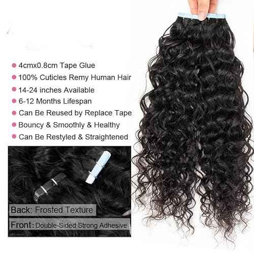 Water Wave Tape in Hair Extensions 24Inch Curly PU Tape in Human Hair Extensions Invisiable Curly Tapes on Extension Skin Weft 20pcs 50g Real Hairs Seamless Skin Weft Tapes Hairs Extension