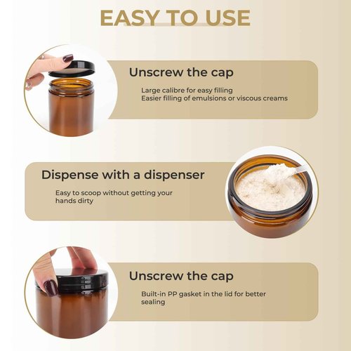 Waymind 12 Pack 8 oz Amber Round Glass Jars, 240 g Empty Cosmetic Containers with Inner Liners, Black Plastics Lids Glass Jars with Lables for Cosmetics, Face Cream, Lotion, Ointments and DIY Candle