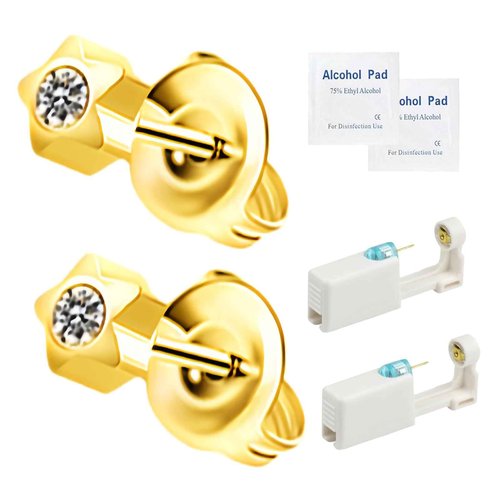 orilace 2Pcs Ear Piercing Kit - Self Disposable Piercing Gun Built-In Earring Stud Pain Relief at Home Piercer Kit Ease of Use Convenient Safe Operate 4mm (Star)