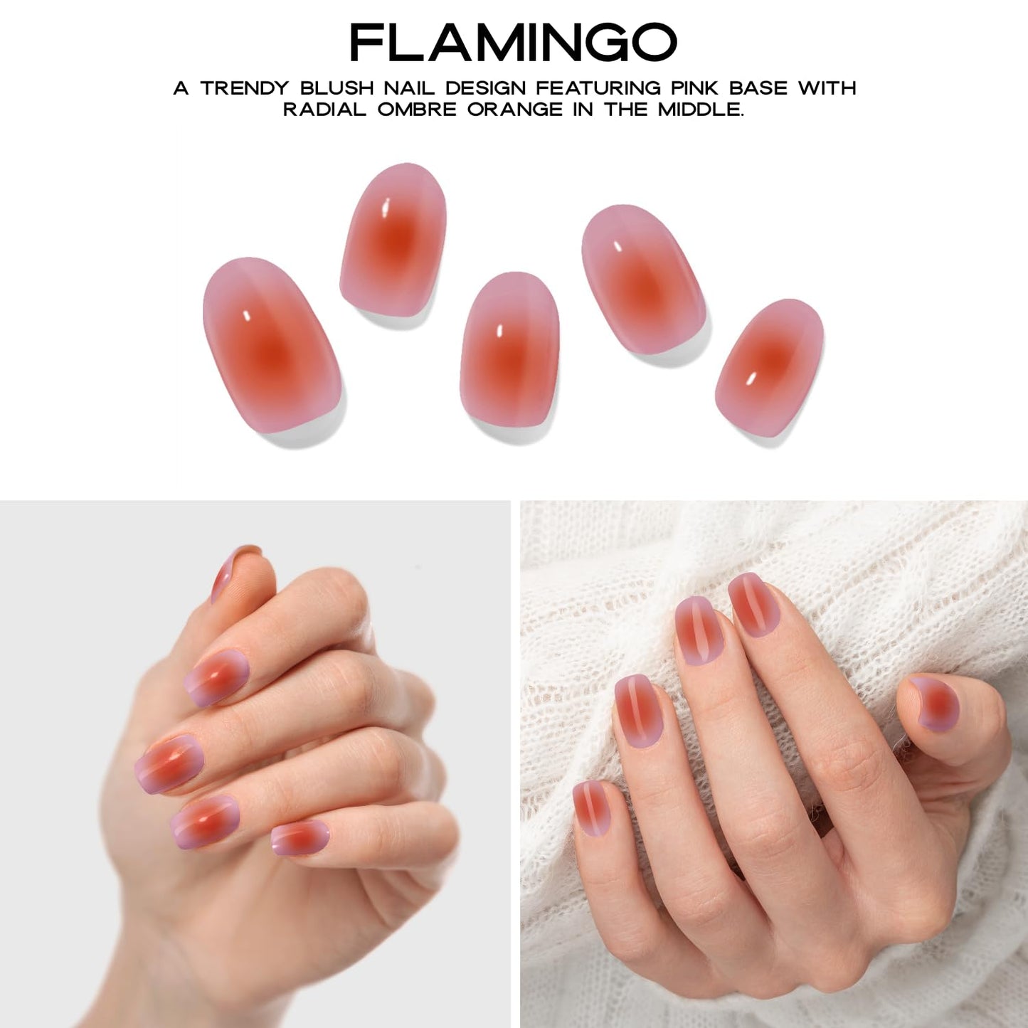 Adora Couture Semi Cured Gel Nail Strips | 30pcs Orange Flamingo Nail Wraps Kit for Women | Glaze Nail Strips | Gel Nail Stickers with UV Light Required (Flamingo)