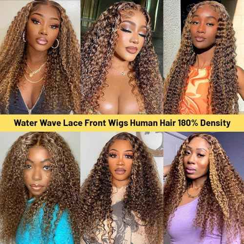 Highlight Ombre 13x4 Lace Front Wig Human Hair Pre Plucked HD Transparent 4/27 Honey Blonde Lace Front Wig with Baby Hair 180% Density Colored Water Wave Wig for Women 22 Inch