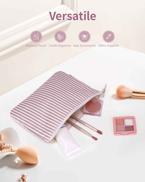 Narwey Small Striped Makeup Bag for Purse Travel Makeup Pouch Cosmetic Bag Zipper Pouch Bags for Women (Dusty Pink Stripe)