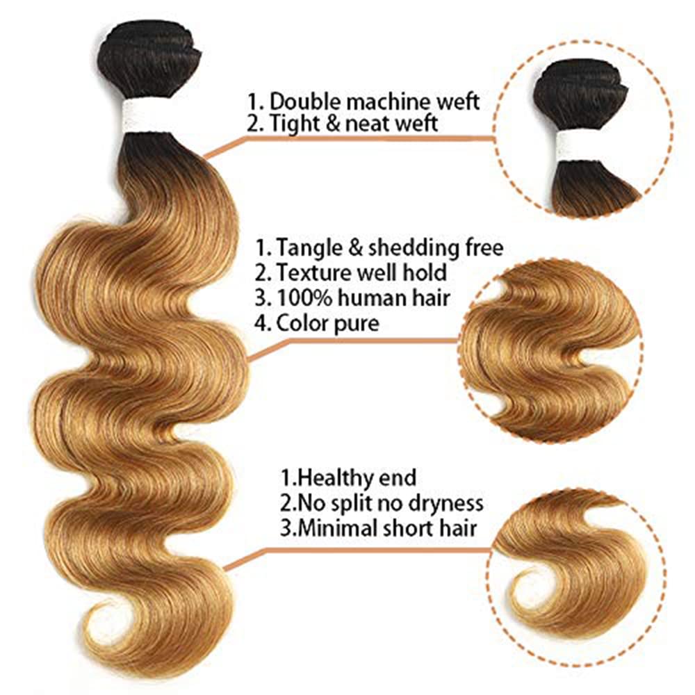 Ombre Bundles 1b/27 Body Wave Human Hair Bundles Two Tone Black And Blonde Human Hair 1 Bundle 14 Inch Brazilian Virgin Soft And Shiny Remy Hair Extensions For Black Women 100g/Pc