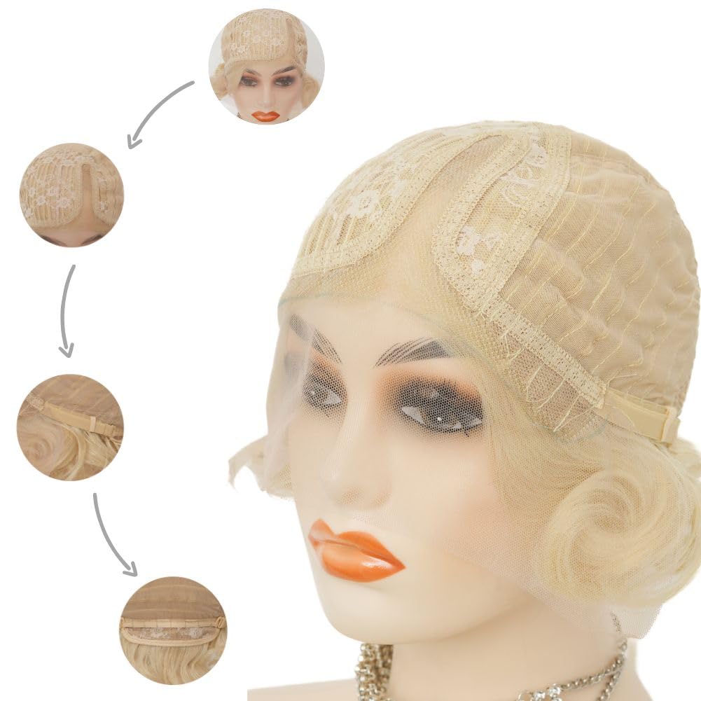 Siudus Blonde Lace Front Finger Wave Wig for Women Short 1920s Curly Wig Natural Synthetic Heat Resistant Fibre Hiar for Cosplay Daily Use