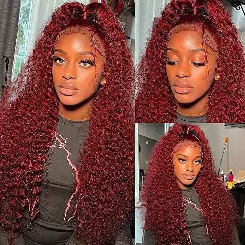 Larhali 99J HD Lace Front Wigs Human Hair Pre Plucked 180% Density Burgundy 13x6 Deep Wave Frontal Wigs Natural Hairline Human Hair Wigs for Black Women(18 Inch)
