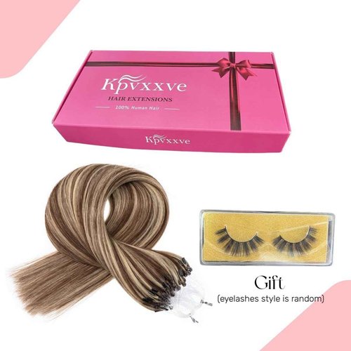 Kpvxxve Micro Beads Hair Extensions Real Human Hair Brown with Bleach Blonde Micro Link Human Hair Extensions 14 Inch #4/613 Micro Loop Hair Extension 50g 1g/s