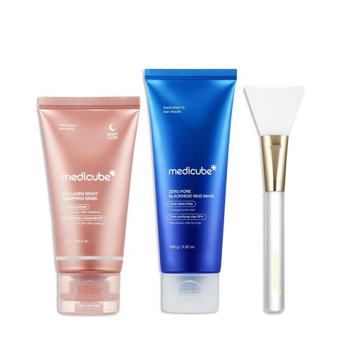 medicube Korean Viral Glass Skin Mask Duo: Collagen Overnight Wrapping Peel Off Facial Mask Pack and Zero Pore Blackhead Mud Facial Mask and Jelly Brush | Holiday Stocking Stuffers