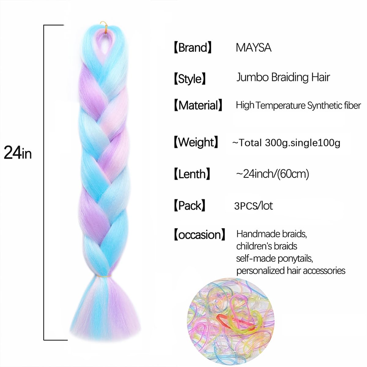 MAYSA Jumbo Braiding Hair Extensions Colorful Braiding Hair 24in 3Packs Synthetic Mix Rainbow Braiding Hair #Pink-Purple-Blue-Green