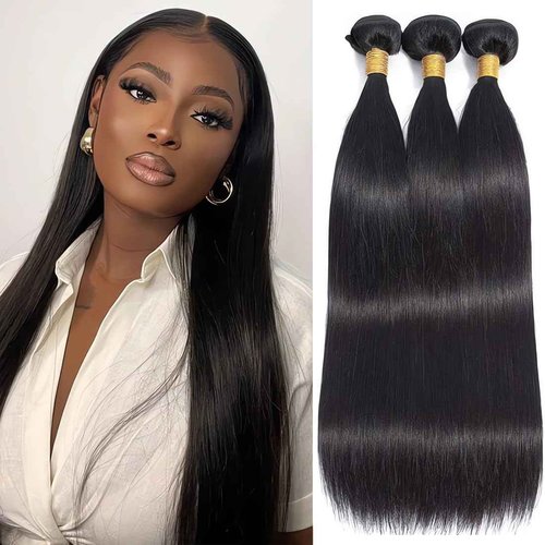 Straight Human Hair Bundles 10 12 14 Inch Trippy Hair Quick Weave 3 Bundles Human Hair 100% Unprocessed Raw Brazilian Virgin Hair Extensions for Black Women Natural Color
