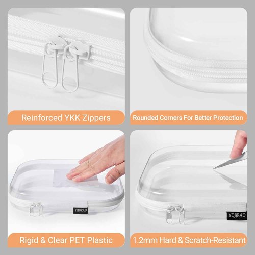 YQBRAO 4 Pack Clear Hard Shell Zipper Case, See-Through Hard Plastic Organizer Pouches with Zipper for Travel, Toiletries, Makeup, Toy, Electronics & Pencils - Crush-Resistant Storage