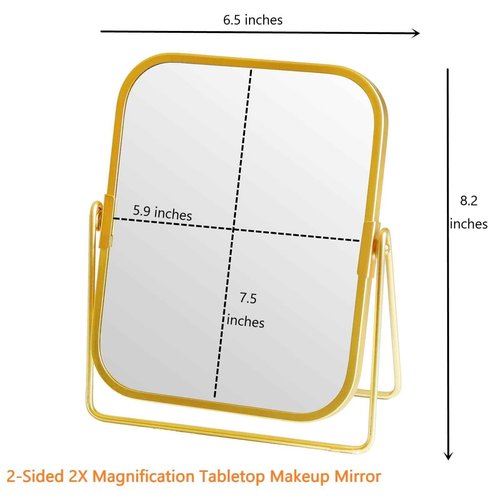 schonee 2-Sided Golden Tabletop Makeup Mirror, Double Sided 2X Magnification Vanity Mirror, 360°Rotation Dressing Table Mirror (Gold - Rectangle)