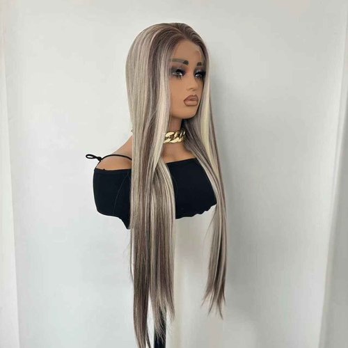 Greenmirr Highlighted Ash Blonde Lace Front Wig 13x4 Lace Long Straight Heated Synthetic Ombre Brown Blonde Lace Front Wig for Women Daily Cosplay 24in
