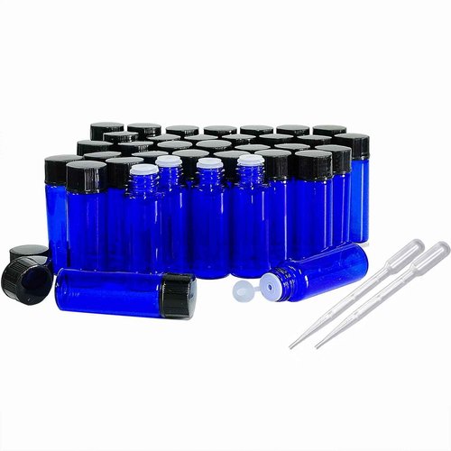 PYAWI 36Pcs Cobalt Blue Glass Bottles For Essential oils 5ml, Empty Refillable Vials Sample Bottles, with Orifice Reducers and Black Caps ﻿ (5ml)
