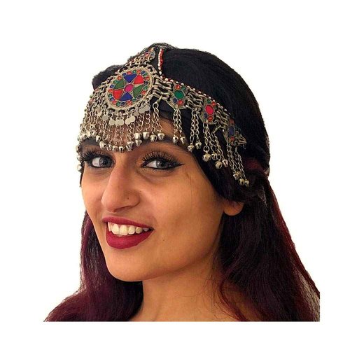 Duel On Jewel Ertuğrul Halima Turkish Kayi Tribal Afghan Kuchi Headpiece with Antique Finish Beads, Multicolor Stones, and Medallion Centerpiece - Costume Party Belly Dancing Gifts - Turkman Afghan