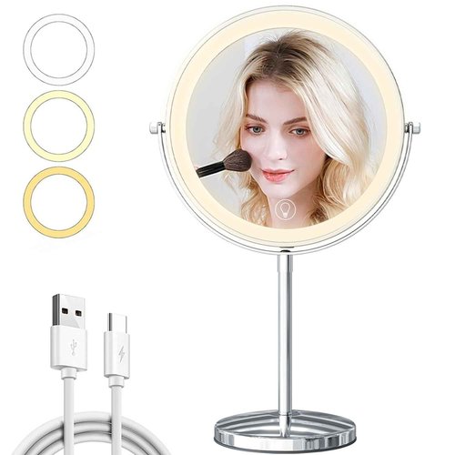 9in Vanity Mirror with Lights, Rechargeable&Dimming Lighted Makeup Mirror, 3X/20X Double Sided Magnifying Mirror,5000mAh,360 Rotate,3 Color Lights,Brightness with 80 LED,No Height Adjustment,Nickel