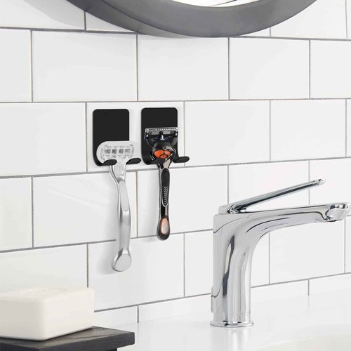 Linkidea 2 Packs Wall Mount Razor Holder for Shower, Stainless Steel Self Adhesive Shaver Hooks, Sticky Hanger Compatible with Venus Platinum, Fusion 5 Proshield, Mach 3 Classic (Black)