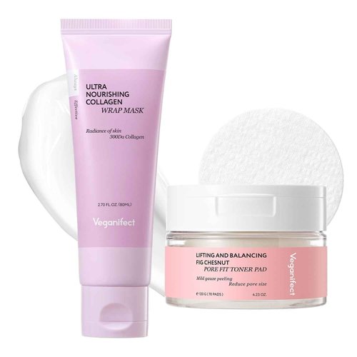 VEGANIFECT Pore Firming Care Duo, Collagen Overnight Wrapping Mask & Pore-Tightening Toner Pads, Improve Skin Elasticity and Tighten Pores for a Youthful Look