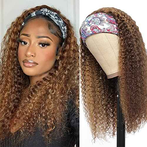 Eooma #4/30 Omber Headband Wig Curly Human Hair Wigs for Black Women 10A 180% Density Brazilian Kinky Curly Human Hair Headband Wigs Scarf No Gel Gluelees 22 Inch Remy Hair