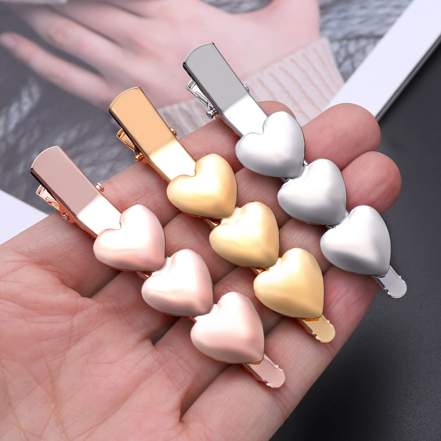 Valentine’s Day Hair Clips Cupid Heart Metal Hairpins for Women Girls Cool Punk Romantic Trio Love Alligator Clips Barrettes Fashion Styling Hair Accessory Party Gifts Silver Gold Rose Gold Tone